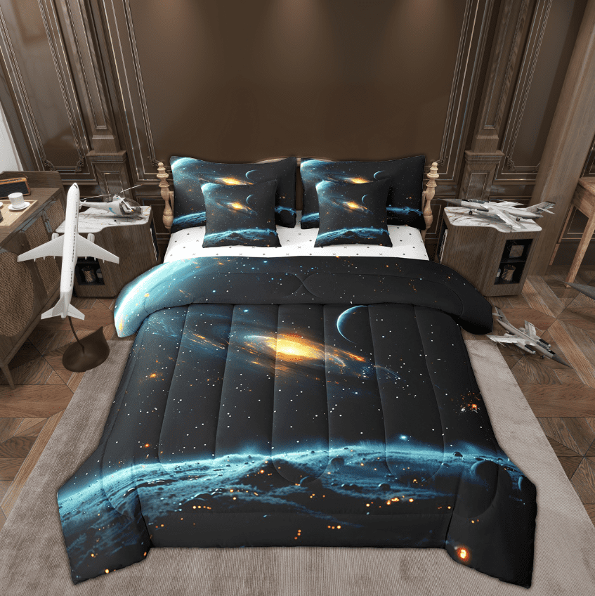 YST 7 Pcs Outer Space Bed In A Bag Bedroom Decor Twin 3D Galaxy Print Bedding Sets Universe Starry Sky Quilt with Flat Fitted Sheet Mystery Milky Way Comforter Set
