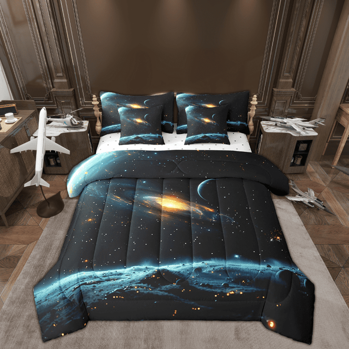YST 7 Pcs Outer Space Bed In A Bag Bedroom Decor Twin 3D Galaxy Print Bedding Sets Universe Starry Sky Quilt with Flat Fitted Sheet Mystery Milky Way Comforter Set