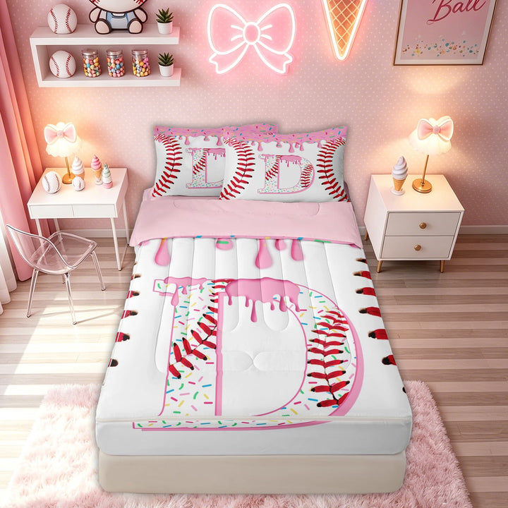 meiyoeat Cute Ice Cream Baseball Zipper Twin Comforter Sets with Fitted Sheet and 2 Pillowcases for Kids Girls, Cartoon D Letter Zipper Bedding Set, Pink Red, Pink Reversible, 4 Pieces