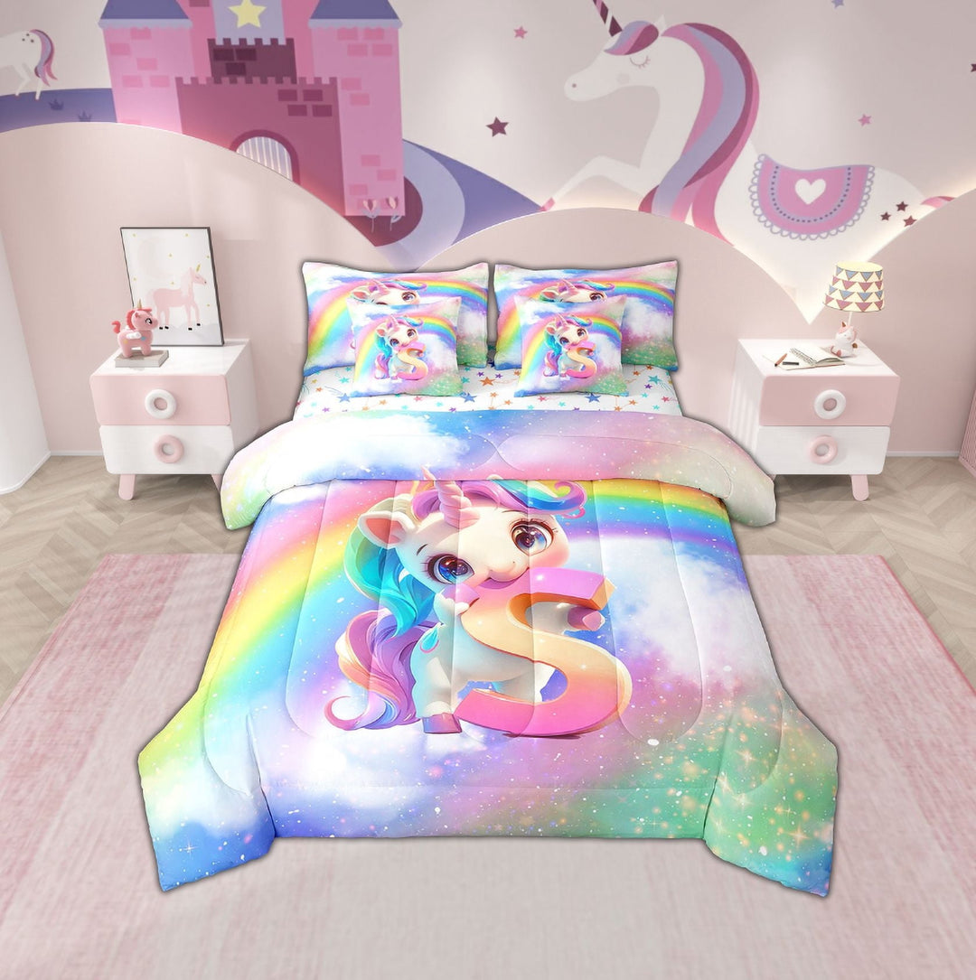 Erosebridal Rainbow S Bed in a Bag Twin size, Initial Letter Bed Set, Cute Unicorn Reversible Bedding Twin Size, Lightweight Bedroom Decorative, 7-Piece