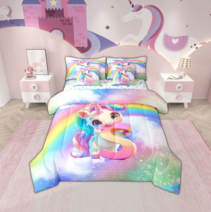 Erosebridal Rainbow S Bed in a Bag Twin size, Initial Letter Bed Set, Cute Unicorn Reversible Bedding Twin Size, Lightweight Bedroom Decorative, 7-Piece
