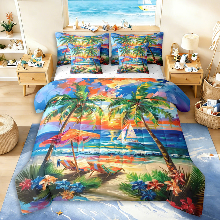 Erosebridal Coastal Flowers Palm Tree Bedding Comforter Set 7-Piece For Teens,Boys Girls Ocean Beach Sunset King Bedding Sets,Microfiber Bedroom Decor