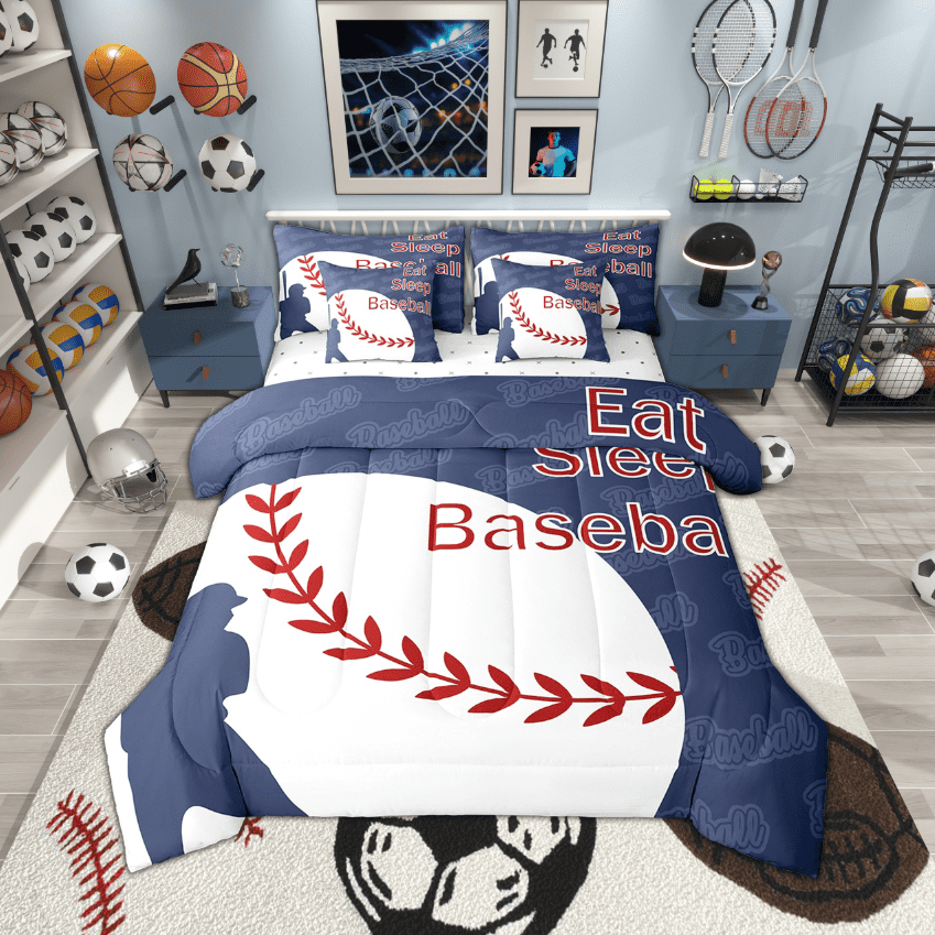 Erosebridal 7 Piece Baseball Twin Comforter Set,Navy Blue White Baseball Bed in a Bag Sports Room Decor,Ball Games Bedding Set with Fitted Sheet,Flat Sheet,Pillowcases &amp; Shams