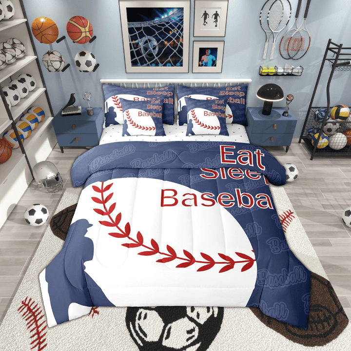 Erosebridal 7 Piece Baseball Twin Comforter Set,Navy Blue White Baseball Bed in a Bag Sports Room Decor,Ball Games Bedding Set with Fitted Sheet,Flat Sheet,Pillowcases &amp; Shams
