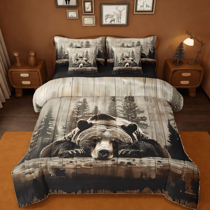 Manfei Grizzly Bear 7 Pieces Bedding Comforter Set,Wild Animal Hunting Western Cabin Full Bedding Set For Kids Boys Teens Reversible