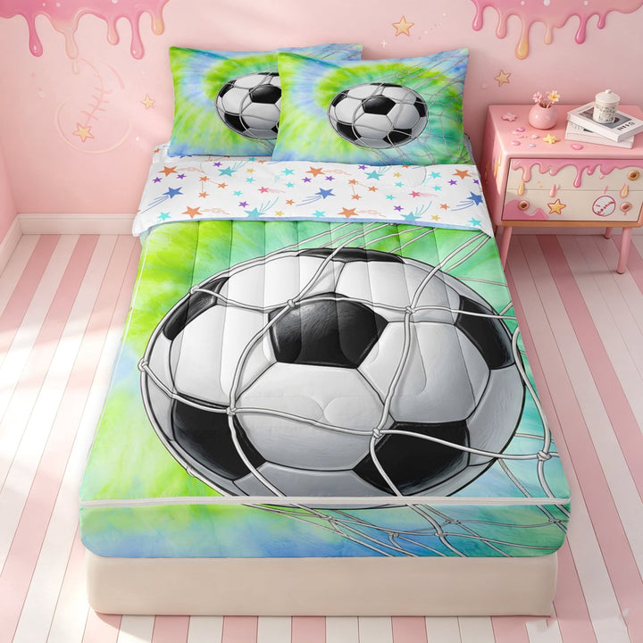 meiyoeat Football Soccer Zipper Full Size Comforter Sets with Fitted Sheet and 2 Pillowcases for Girls, Green Blue Tie Dye Swirl Zipper Bedding Set, Star Reversible, 4-Piece