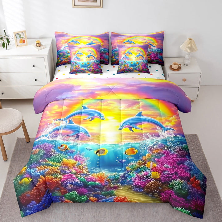 Erosebridal Blue Dolphin Bed in a Bag Twin size, Colorful Coral Bed Set, Sunset Rainbow Decor, Reversible 7pcs