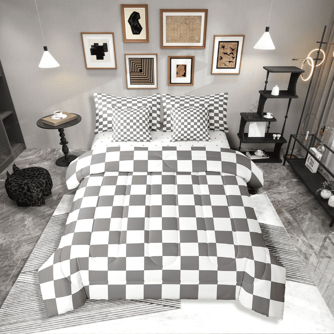 Erosebridal Plaid Square Bedding Sets Twin Size,Geometric Buffalo Comforter Sets with Sheets,Checkered Decor,Breathable,7-Piece
