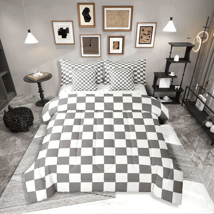 Erosebridal Plaid Square Bedding Sets Twin Size,Geometric Buffalo Comforter Sets with Sheets,Checkered Decor,Breathable,7-Piece