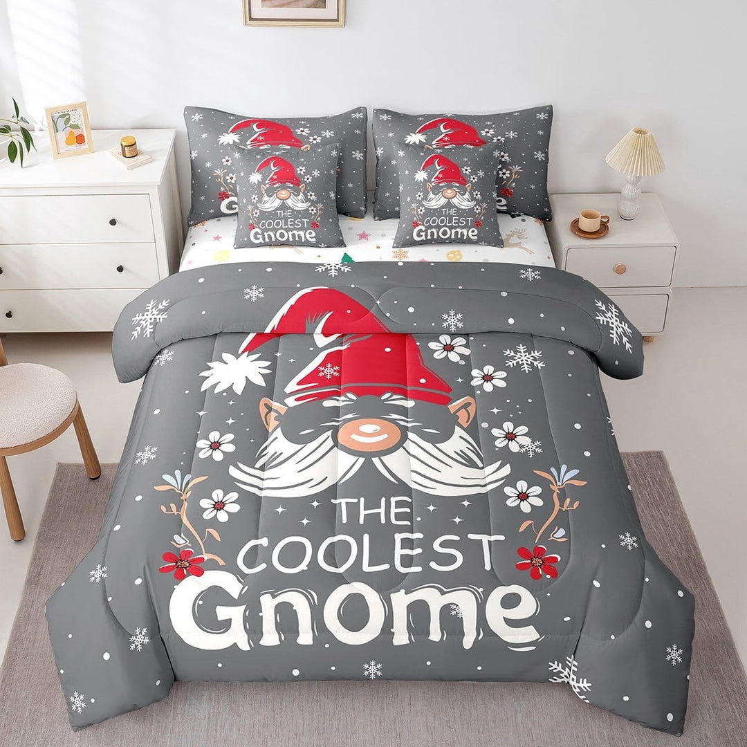 7Pcs Cute Christmas Gnome Comforter Set Christmas Bedding Twin,Cartoon Santa Claus Comforter + Flat Sheet + Fitted Sheet + 2 Pillowcases + 2 Throw Pillow Covers