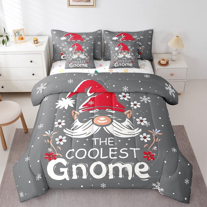 7Pcs Cute Christmas Gnome Comforter Set Christmas Bedding Twin,Cartoon Santa Claus Comforter + Flat Sheet + Fitted Sheet + 2 Pillowcases + 2 Throw Pillow Covers