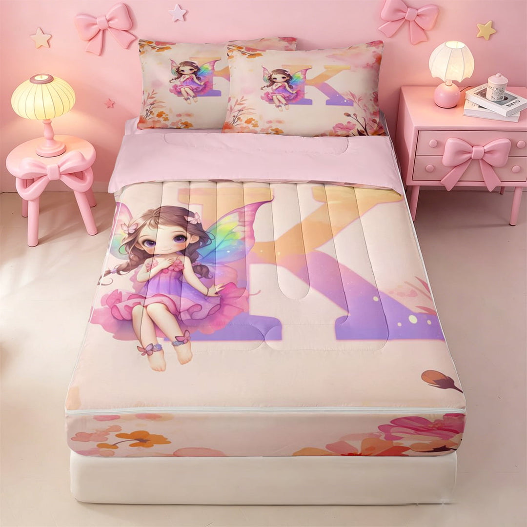 meiyoeat Personalized Monogram K Zipper Twin Comforter Sets with Fitted Sheet and 2 Pillowcases,Vintage Plant Floral Zipper Bedding Set For Girl,Pink Reversible,4-Piece