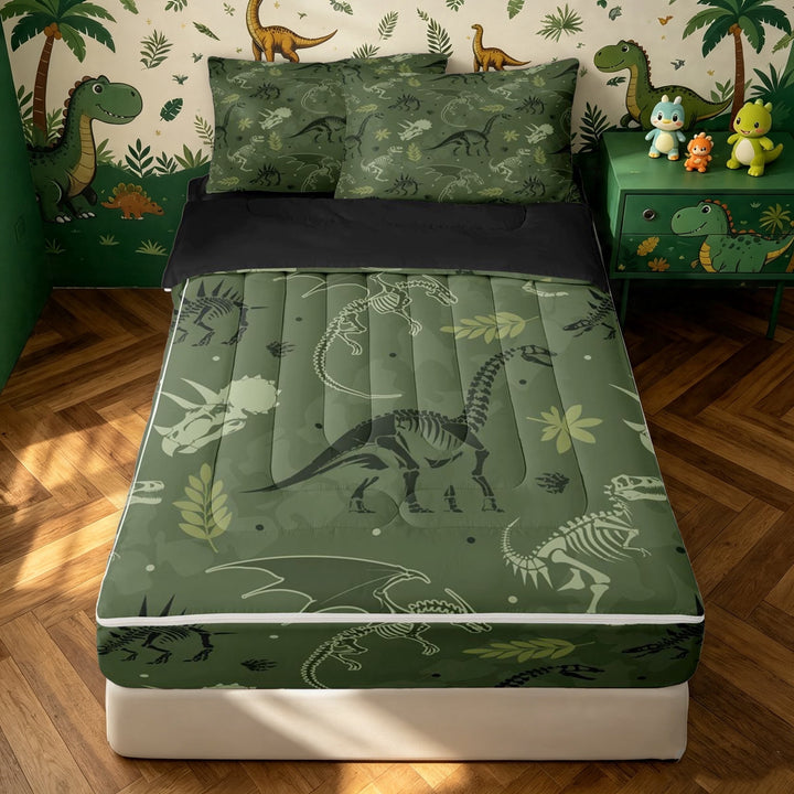 meiyoeat Green Skeleton Dinosaur Zipper Full Size Comforter Sets with Fitted Sheet and 2 Pillowcases for Boys, Camouflage Bone Zipper Bedding Set, Olive, Black Reversible, 4pcs