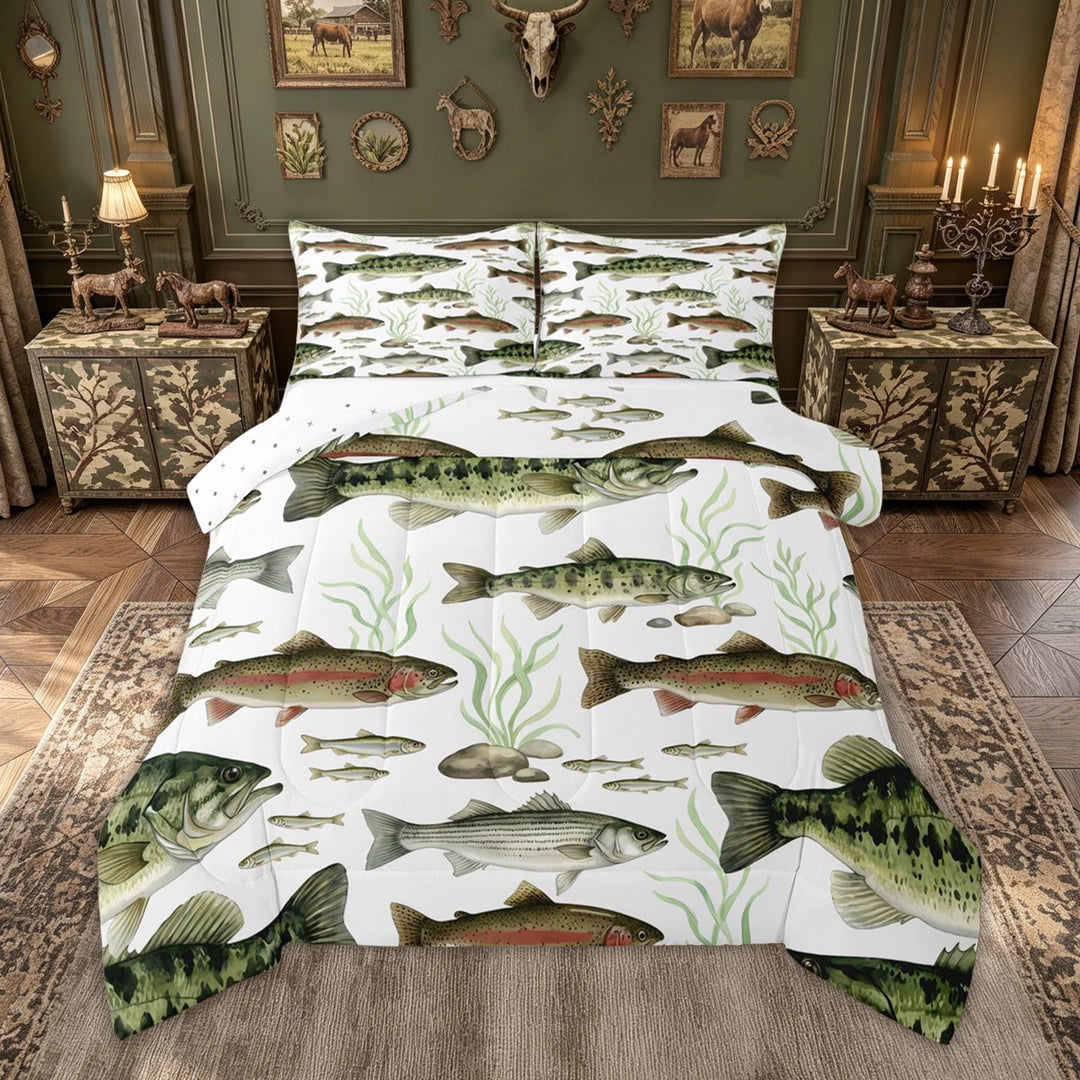 meiyoeat Watercolor Trout Bass Fish Full Size Comforter Sets for Men Kids, Rustic Wildlife Bedding Comforter Set, Green Brown, Reversible, 3pcs, 1 Comforter and 2 Pillowcases