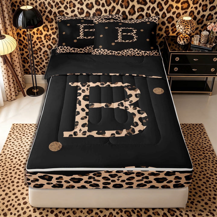 Meiyoeat Trendy Leopard Letter B Zipper Twin Comforter Sets with Fitted Sheet and 2 Pillowcases for Women Teens, Chic Polka Dot Zipper Bedding Set, Black Beige Brown,4-Piece,Black Reversible