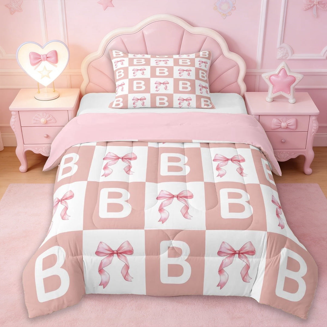 Erosebridal Kids Cute Pink Bowknot Twin Comforter Sets,Initial Alphabet B Bedding Set For Girls,Reversible pink,2-Piece