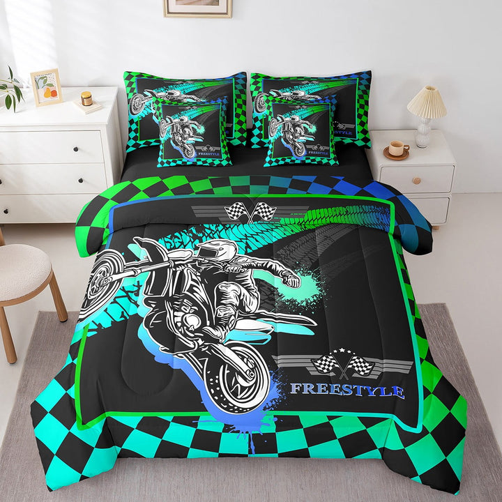 Motocross Rider Full Bedding Sets 7 Piece Extreme Sports Dirt Bike Comforter Set With Sheets Green Blue Black Checkeded Bed In A Bag Motorcycle Motorbike Bed Set
