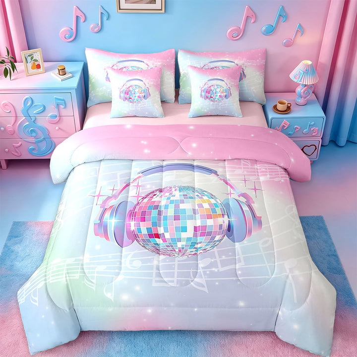 Erosebridal Disco Ball Headphone Bedding Sets Twin Size,Musical Melody Comforter Sets with Sheets,Gradient Glitter Print Bed in a Bag Twin Size,Microfiber Bedroom Decor Reversible,7-Piece