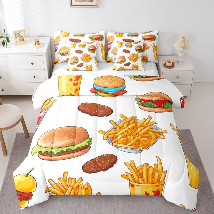 Hamburger Bed In A Bag 7-Piece French Fries Twin Size Comforter Set,Delicious Fast Food Bedding Comforter Sets Food Theme Sheets Set Western Style Home Decorative