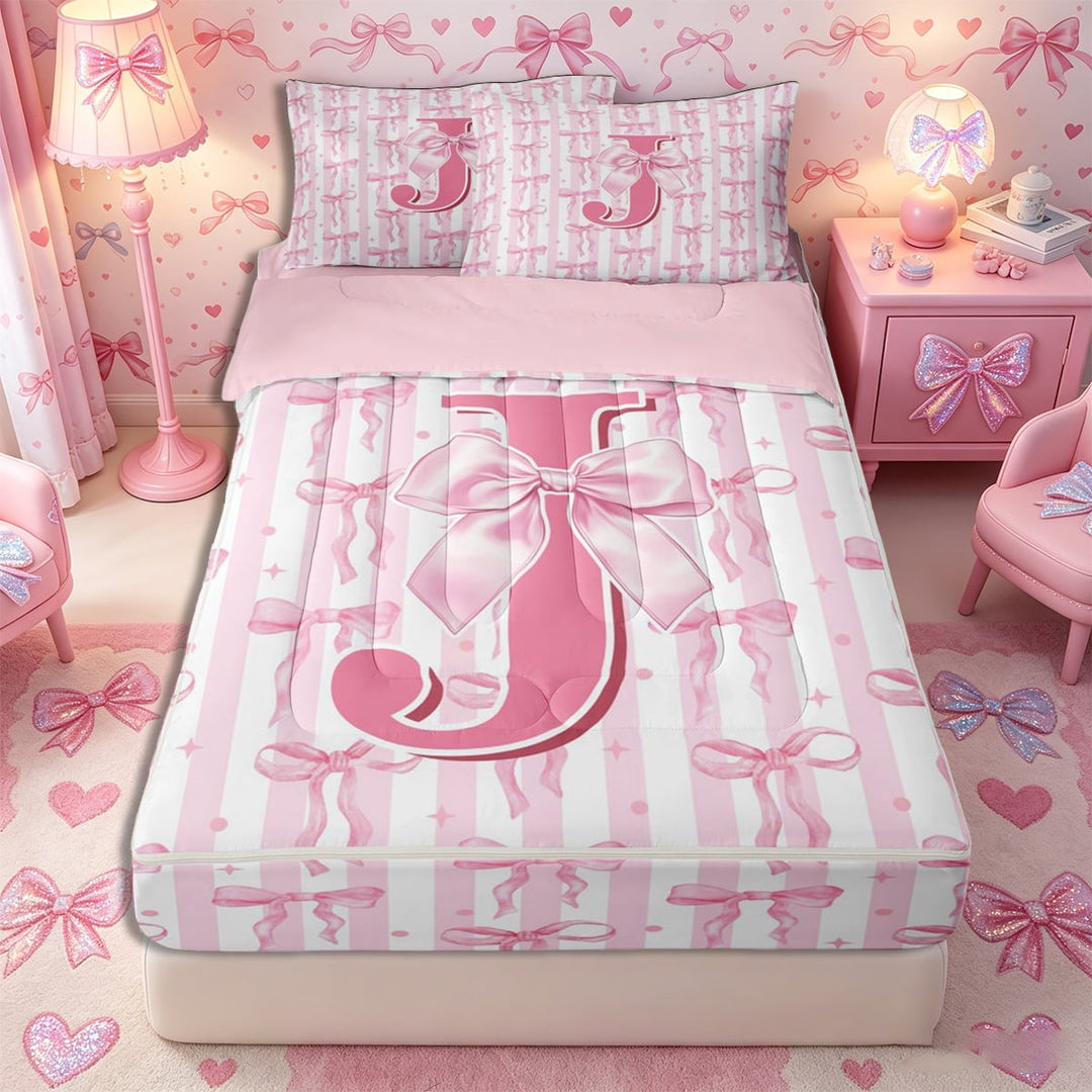 Meiyoeat Sweet Bow Letter J Zipper Full Size Comforter Sets with Fitted Sheet and 2 Pillowcases for Girls Youth, Lovely Stripe Zipper Bedding Set, Light Pink White,4pcs,Pink Reversible