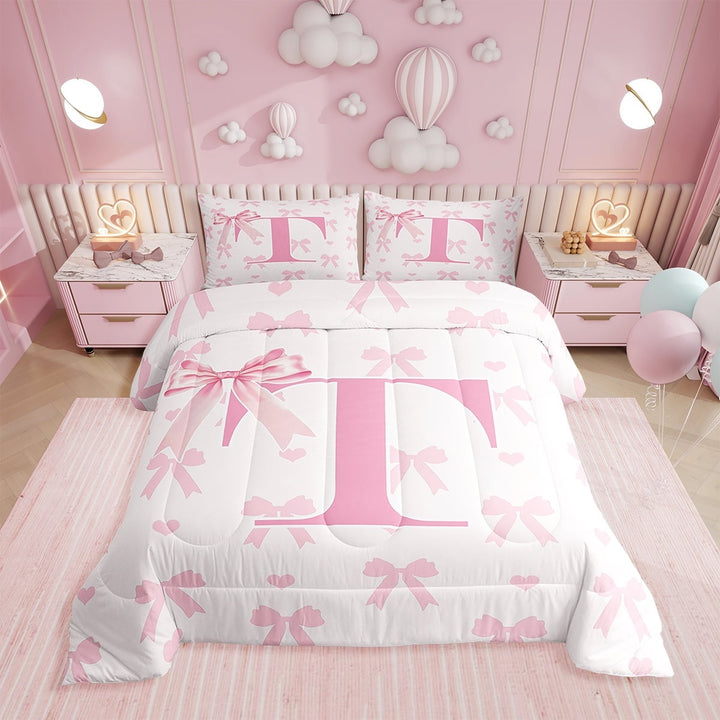 Initial Letter T Young Comforter Set,Princess Style Pink Bowknot Girly Romantic Bedding Set All Season,Dreamy Bow Love Hearts Kawaii Pink Comforter 3 Pcs with 2 Pillowcases,Full Size