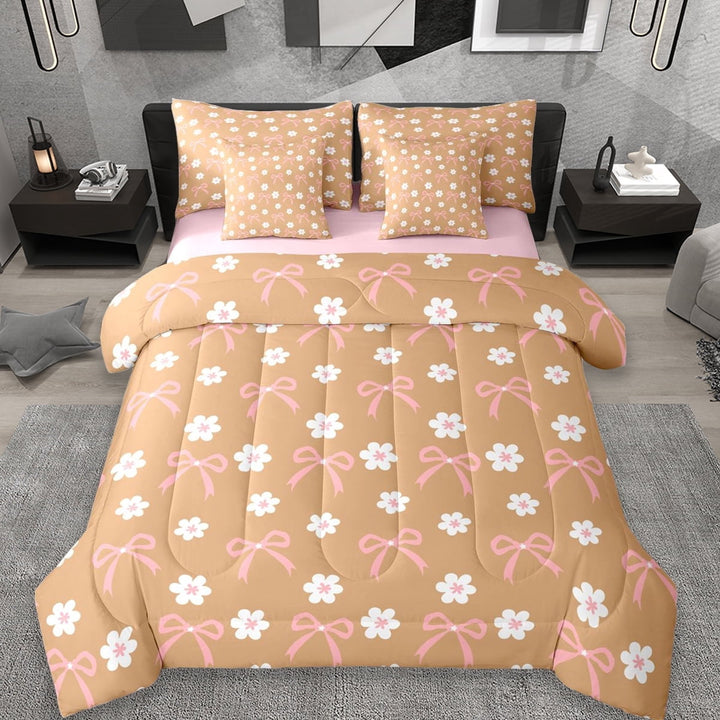 Erosebridal Cute Bowknot Daisy 7-Piece Twin Bedding Sets,Cartoon Flowers Blossom Bedding Comforter Set For Girls Kids,Orange White Pink,Reversible