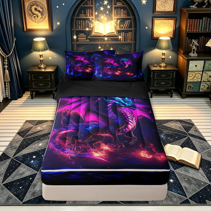 meiyoeat Neon Flame Winged Dragon Zipper Comforter Set with Fitted Sheet and 2 Pillowcases for Men Women Kids, Mystic Wildlife Zipper Bedding Set, Purple Blue, Black Reversible, 3-Piece