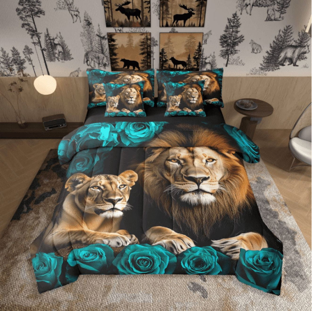 Lion Bed in a Bag King Size Comforter Set 7 Pieces,Teal Rose Sheet Set with Comforter,Western Bedding Sets,African Animals Bed Set Wildlife Flowers Room Decor