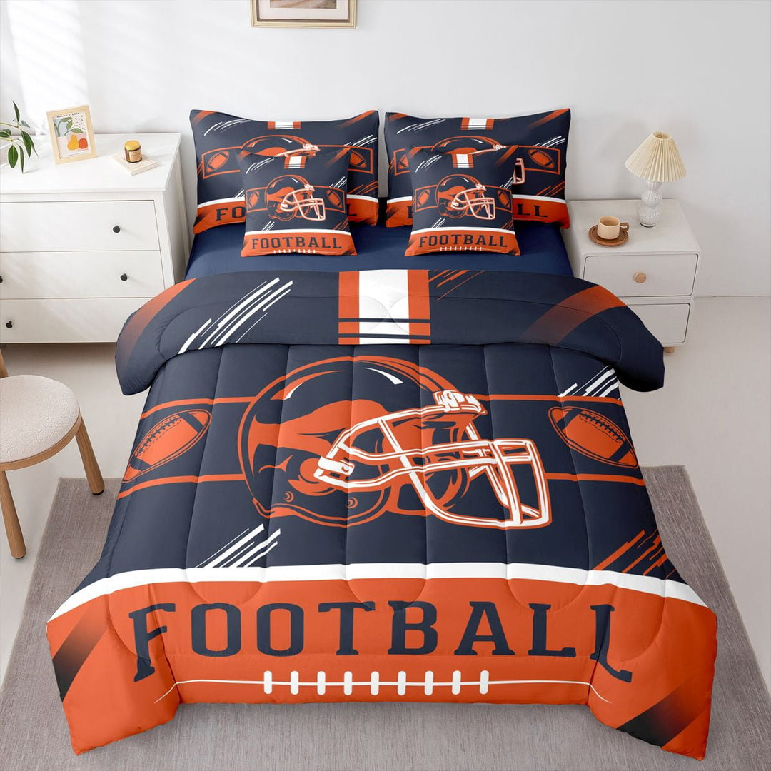 Erosebridal Football Helmet Print Bedding Sets Twin Size, Sports Theme Bed Sheets Set , Chicago, Navy Orange, Ultra Soft 7 Pieces