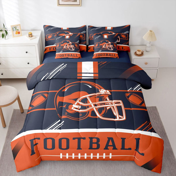 Erosebridal Football Helmet Print Bedding Sets Twin Size, Sports Theme Bed Sheets Set , Chicago, Navy Orange, Ultra Soft 7 Pieces