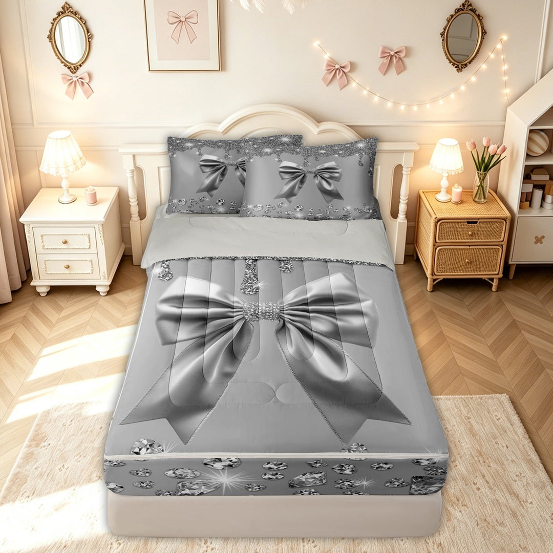 meiyoeat Fashion Glitter Bow Gemstones Zipper Full Size Comforter Sets with Fitted Sheet and 2 Pillowcases for Women Girls, Silver Sequin Print Zipper Bedding Set, Grey Reversible, 4-Piece