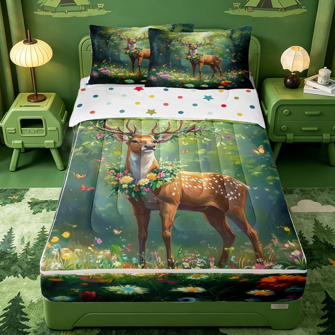meiyoeat Jungle Animal Elk Zipper Full Size Comforter Sets with Fitted Sheet and 2 Pillowcases For Girls,Colorful Cute Flowers Zipper Bedding Set For Kids,Polkadot Reversible,4-Piece