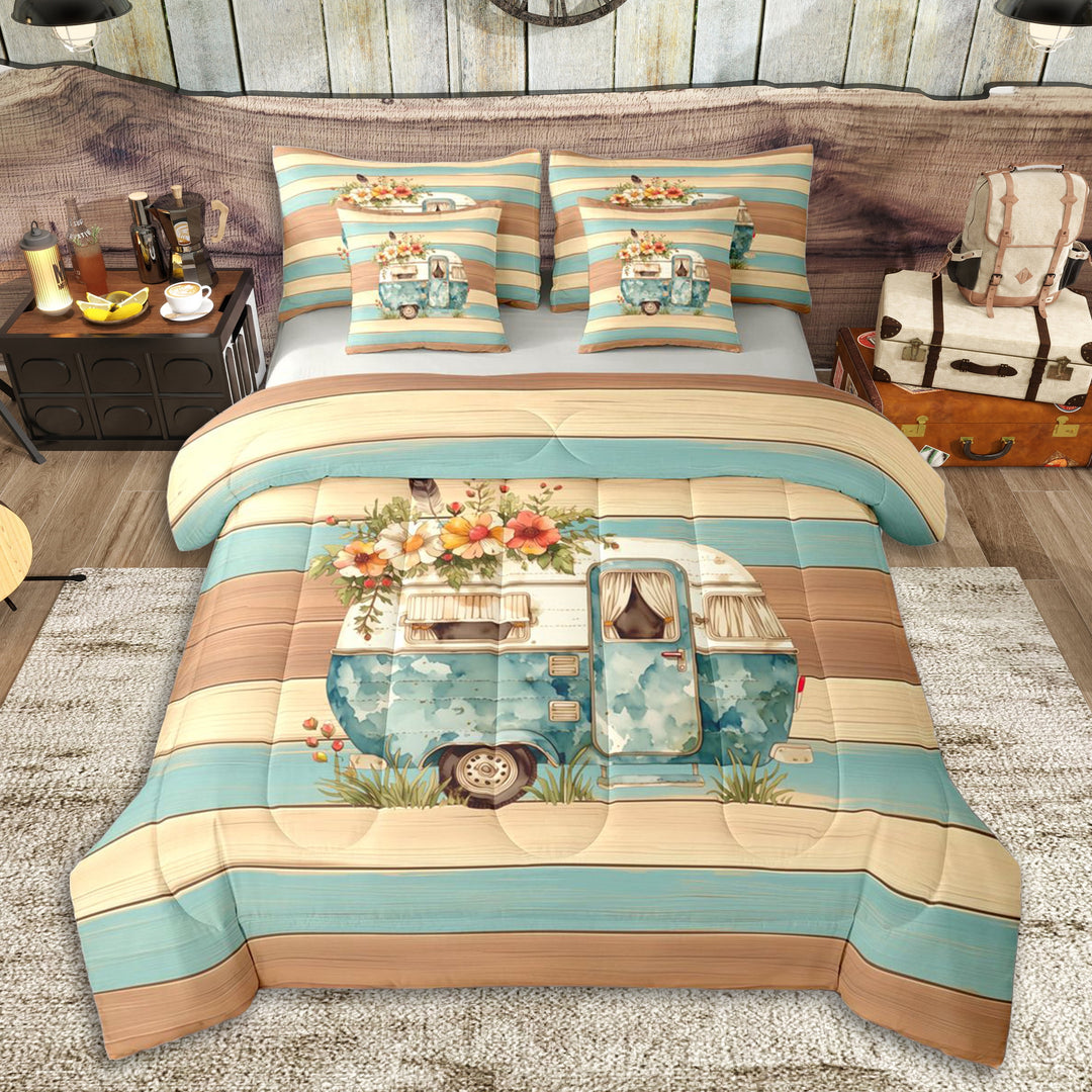 Erosebridal Happy Camping Twin Bedding Sets 7-Piece for Teens,Kids Boys Girls Floral RV Car Rustic Cabin Bedding Comforter Set,Grey Reversible,Breathable Home Decor