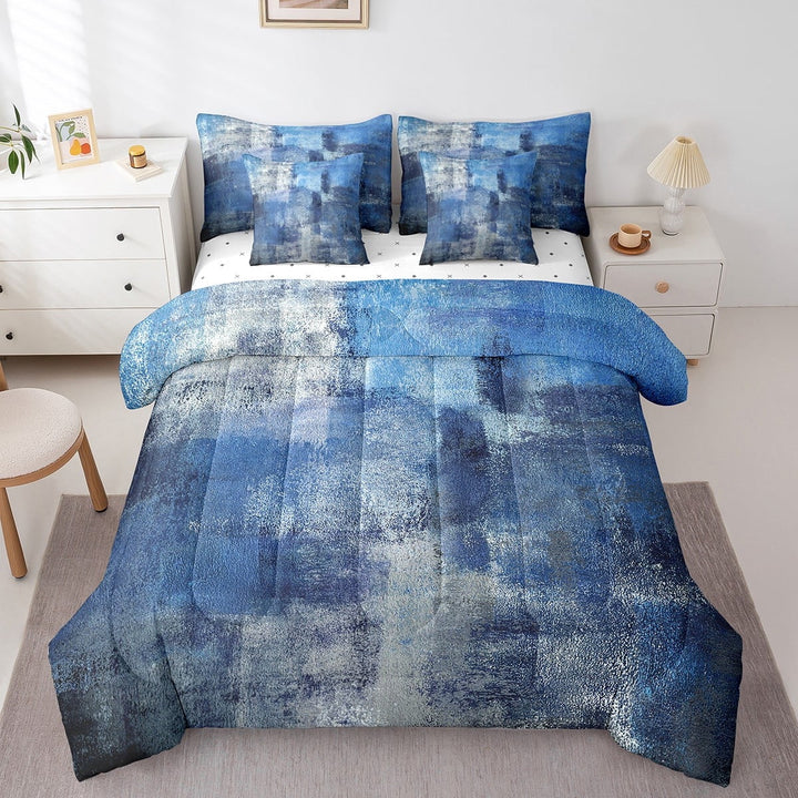 Erosebridal 7 Piece Navy Blue Grey Ombre Comforter Set Queen,Grunge Oil Painting Bed in A Bag for Teens Adult,Vintage Watercolor Artwork Reversible Bed Sets with Sheet Set,Lightweight Comforter