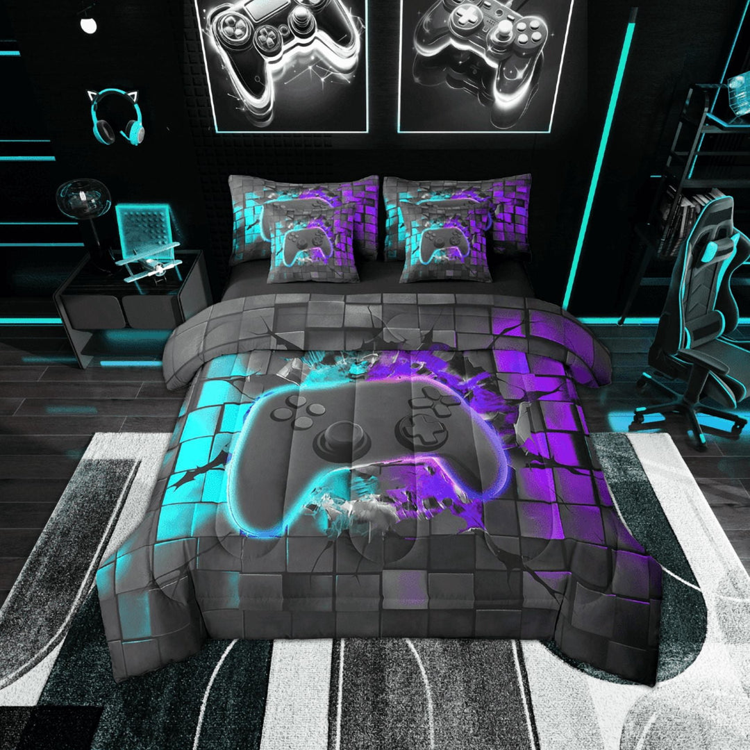Erosebridal Teen Gamepads Bedding Sets Twin Size,Blue Purple Comforter Sets with Sheets,Geometric Buffalo Bed in a Bag Twin size,Breathable Gradient Bedroom Decorative,Reversible,7-Piece