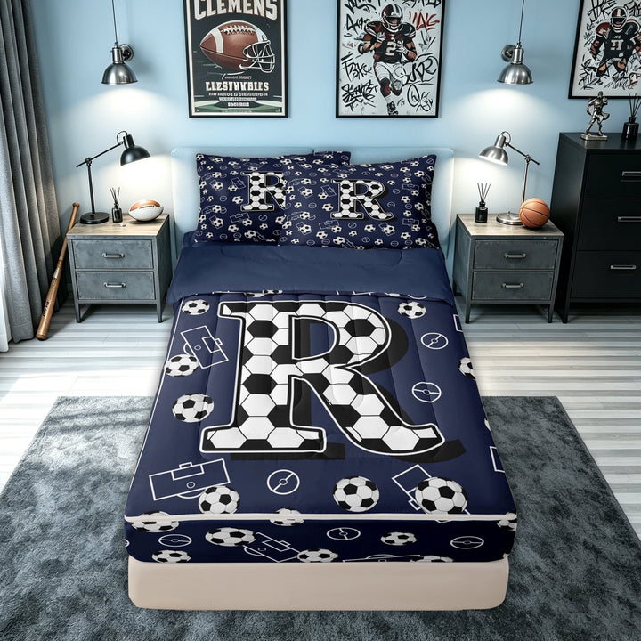 meiyoeat Soccer Letter R Zipper Comforter Set with Fitted Sheet and 2 Pillowcases for Kids, Sports Football Zipper Bedding Set for Bedroom, Navy Blue, Blue Reversible, 3-Piece