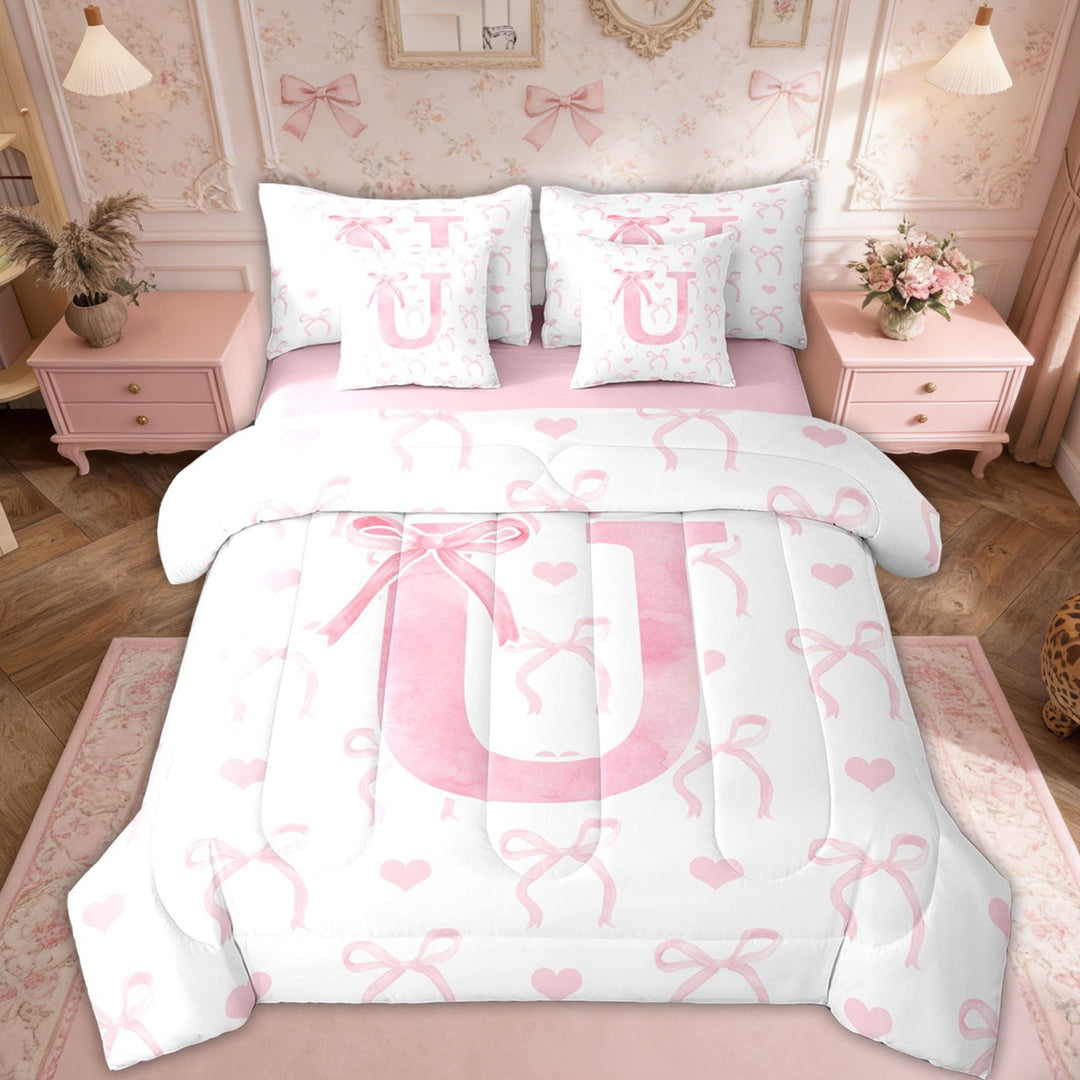 Erosebridal Initial Letter U Bedding Sets Twin Size, Dreamy Bow Love Comforter Sets with Sheets, Girly Romantic Decor, Reversible