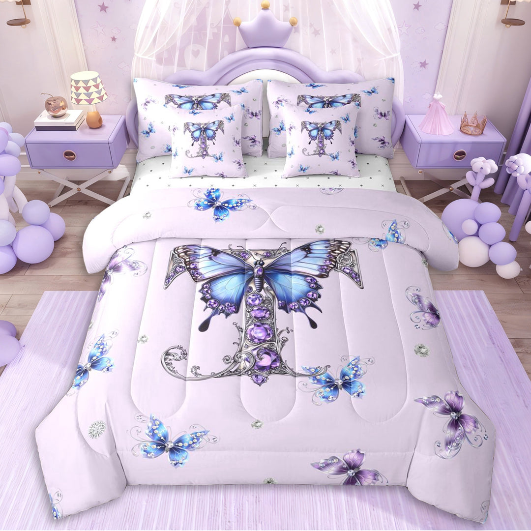 Erosebridal Purple Crystal Letter Monogrammed T Twin Bedding Sets 7-Piece For Teens,Girls Flying Butterflies Bedding Comforter Set,Breathable Home Decor