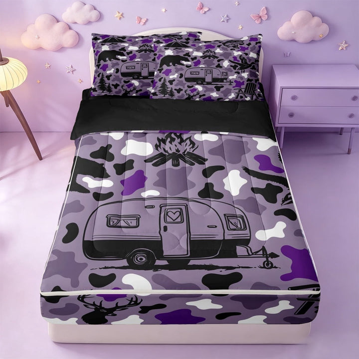 meiyoeat Purple Camouflage Camping Zipper Full Size Comforter Sets with Fitted Sheet and 2 Pillowcases For Girls,Outdoor Adventure Camper Zipper Bedding Set,Black Reversible,4 Pieces