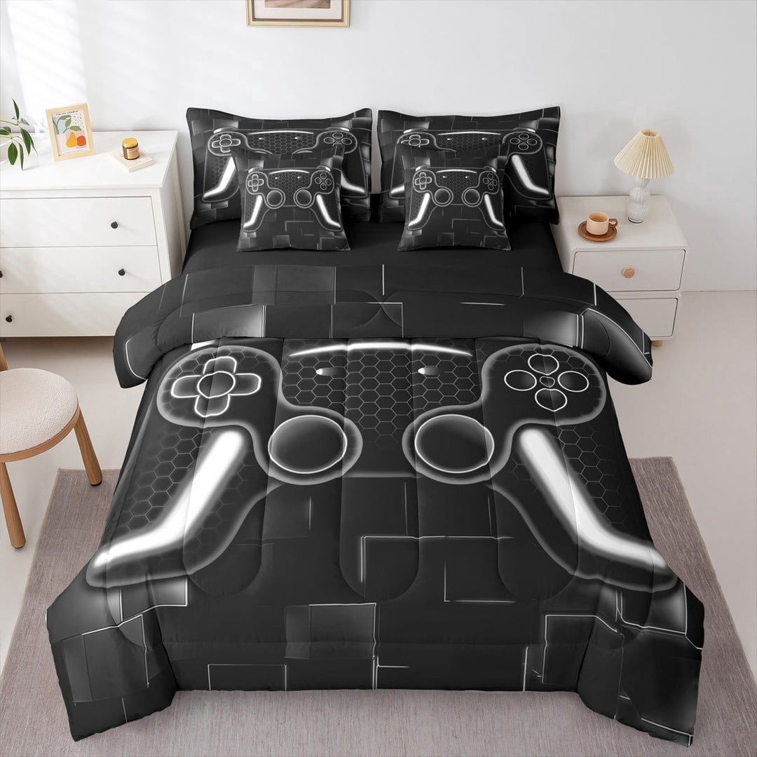 Gamer Bed In A Bag Gaming Full Comforter Set 7 Piece Video Games Bedding For Teen Gamer Room Decor Soft Black Grey Bedding Set Microfiber Game Geometric Grid Bed Set Gamer Gift