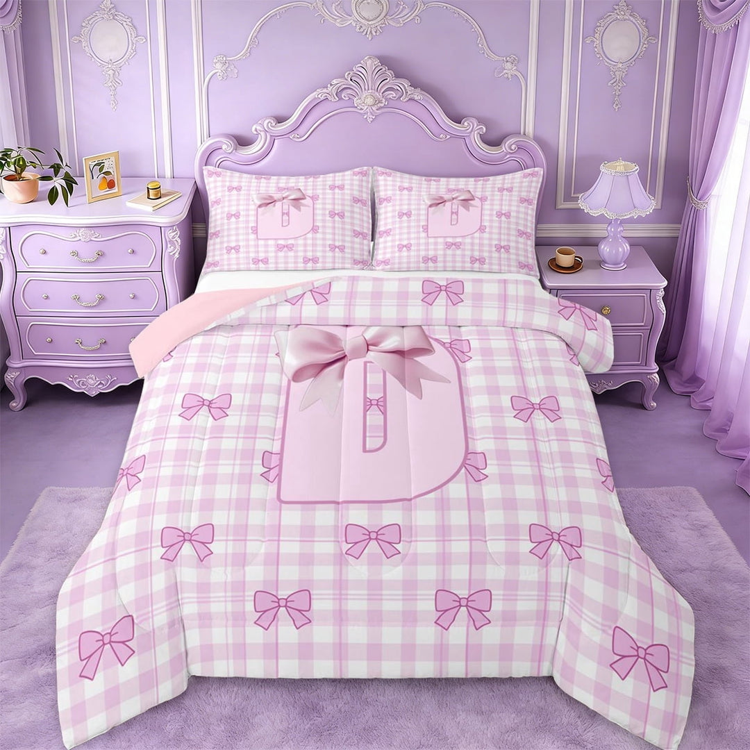 Erosebridal Kids Coquette Bow Full Size Comforter Sets For Girls,Pink Letter D Personalized Initial Bedding Sets,Pink Reversible,3-Piece