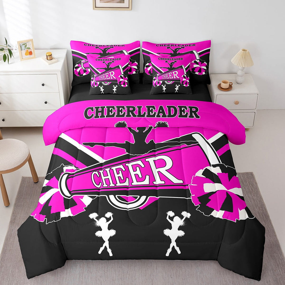 Cheerleading Bedding Comforter Sets 7 Pieces Cute Cheerleader Bed in a Bag, Black and Pink Twin Bedding Sets Dancer Princess Comforter Set, Cheerleading Dance Bedding Sets Room Decorative