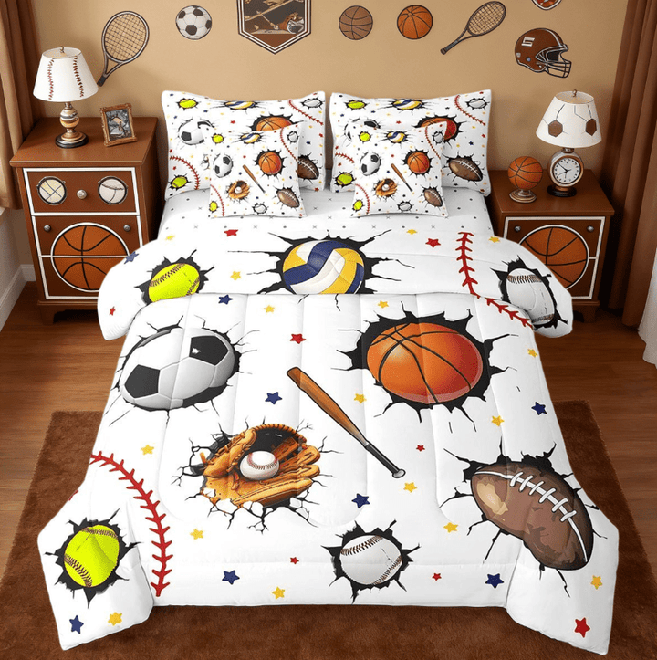 Manfei Basketball Tennis Bed in a Bag Full Size,Sport Player Bed Set,White Brown Bedding Full Size,Ultra Soft Room Decoration Reversible,7 Pieces
