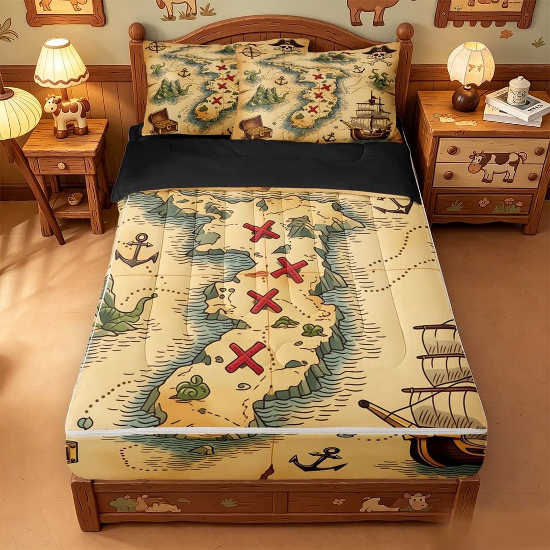 meiyoeat Classic Treasure Map Zipper Full Size Comforter Sets with Fitted Sheet and 2 Pillowcases,Pirate Ship Anchor Zipper Bedding Set For Boys,Beige Brown,Black Reversible,4 Pieces
