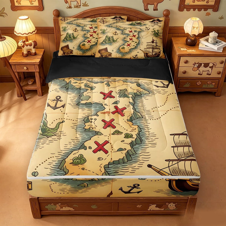 meiyoeat Classic Treasure Map Zipper Full Size Comforter Sets with Fitted Sheet and 2 Pillowcases,Pirate Ship Anchor Zipper Bedding Set For Boys,Beige Brown,Black Reversible,4 Pieces