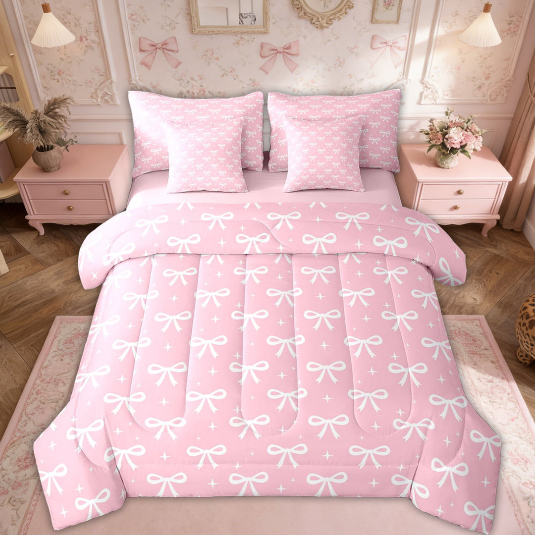 Erosebridal Princess Ribbon Kids Twin Bedding Sets, Dreamy Girly Pink Bow Bedding Comforter Set, 7pcs