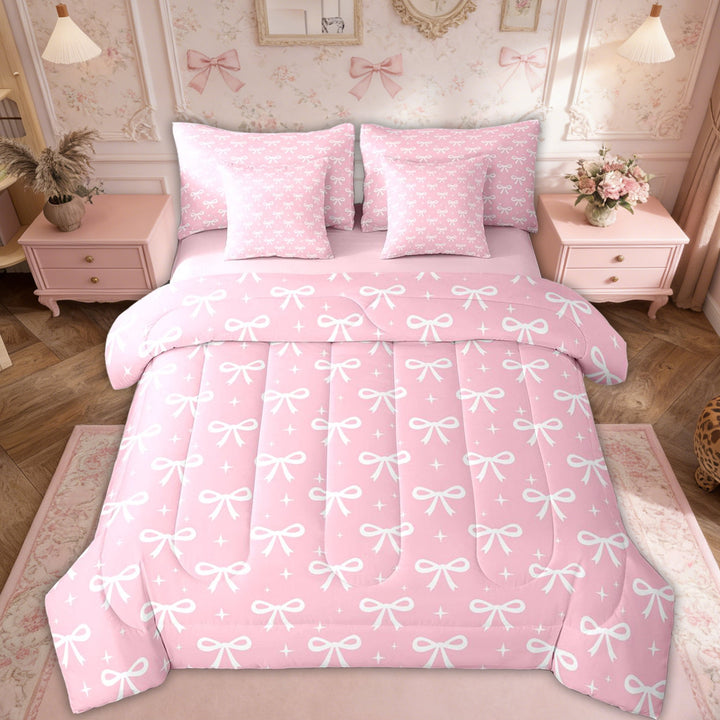 Erosebridal Princess Ribbon Kids Twin Bedding Sets, Dreamy Girly Pink Bow Bedding Comforter Set, 7pcs