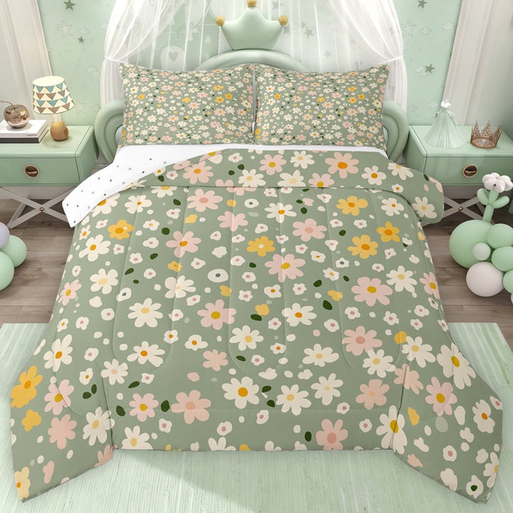 Erosebridal Cute Daisy Flower Queen Comforter Set for Girls, Green Bedding Comforter Set, Reversible 2 Pieces, 1 Comforter and 2 Pillowcases