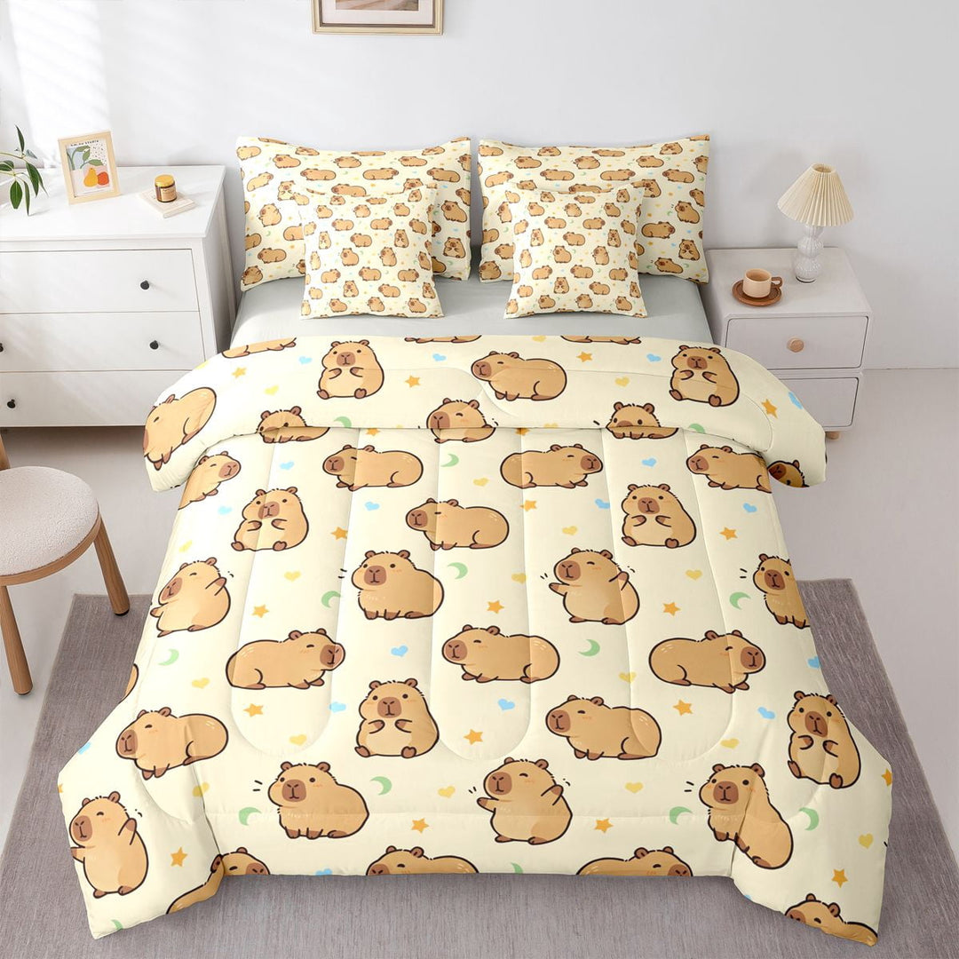 Manfei Sweet Capybara 7 Pieces Full Size Bedding Sets,Kawaii Stars Full Size Bed in a Bag,Yellow,Light Gray Reversible