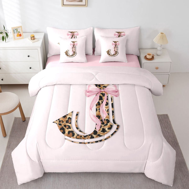 Erosebridal Leopard Print Letter J Twin Bedding Sets for Kids, Princess Bowknot Bedding Comforter Set, 7-Piece
